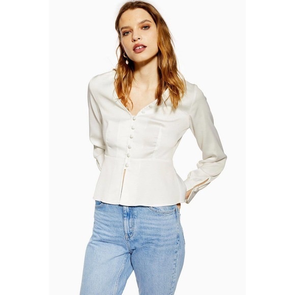 TopShop white button down peplum blouse collared sleeves size 6 - Picture 15 of 15